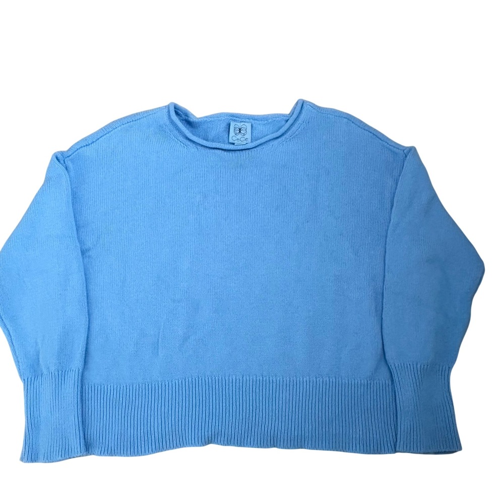 CeCe Blue 100% Cotton Knit Sweater Crew Neck Boxy Fit Size L Layering Casual